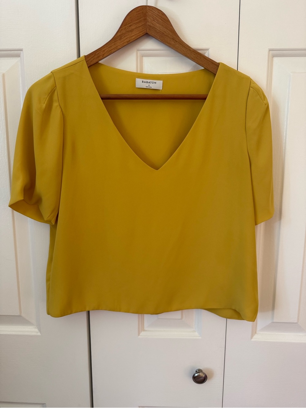 Babaton Mustard V-Neck Short Sleeve Blouse